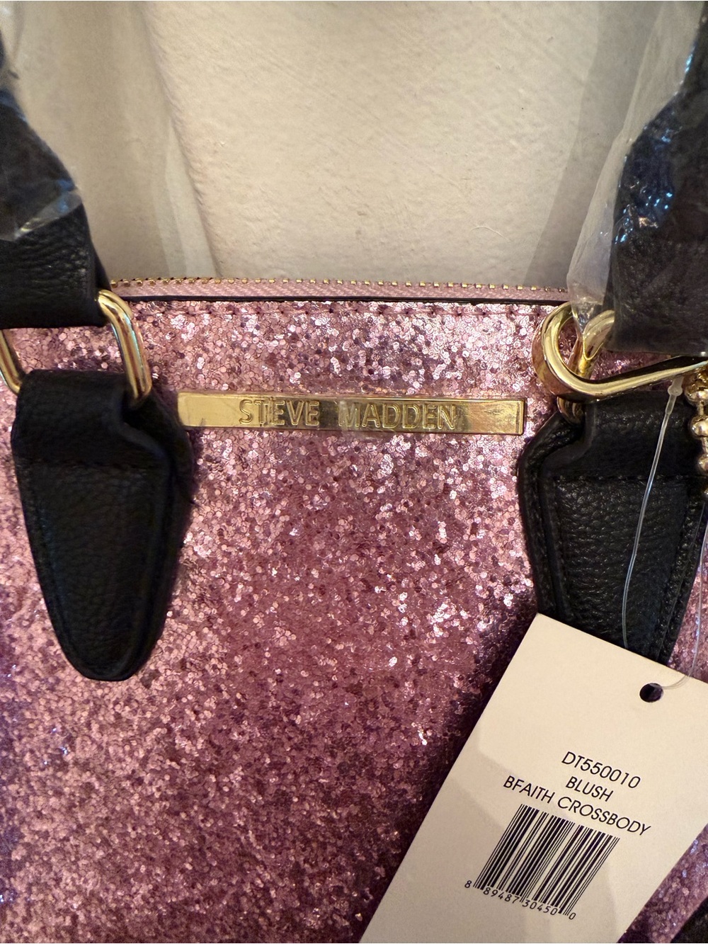 Steve Madden Pink Glitter Crossbody Bag with Black Handles